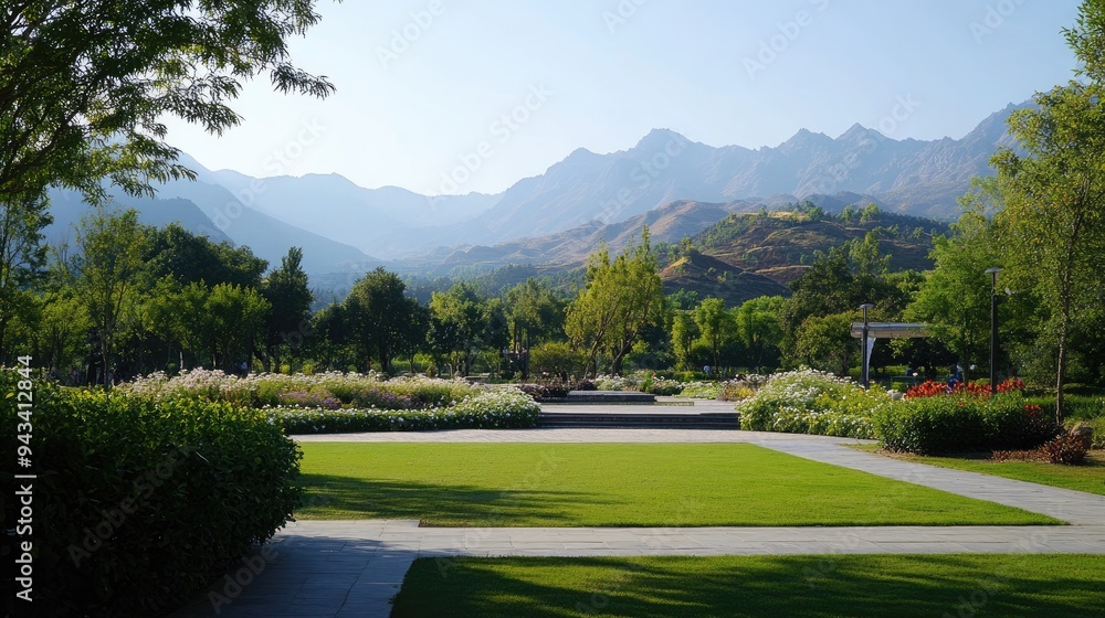 A park with a scenic view of mountains in the distance, providing a perfect backdrop for a peaceful walk A park with a scenic view of mountains in the distance, providing a perfect backdrop for a peaceful walk
