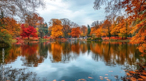 A park with a picturesque lake, surrounded by trees in autumn colors, reflecting on the water