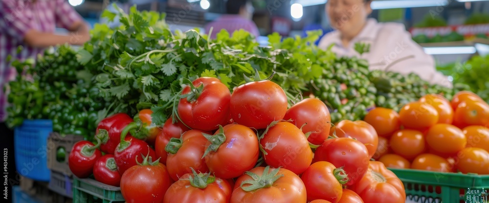 Fresh Red Tomatoes and Green Parsley at a Market Stall Fresh Red Tomatoes and Green Parsley at a Market Stall