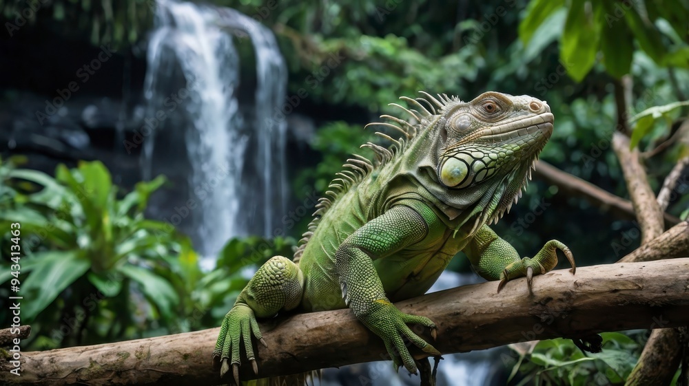Green iguana on branch, scenic jungle waterfall Green iguana on branch, scenic jungle waterfall