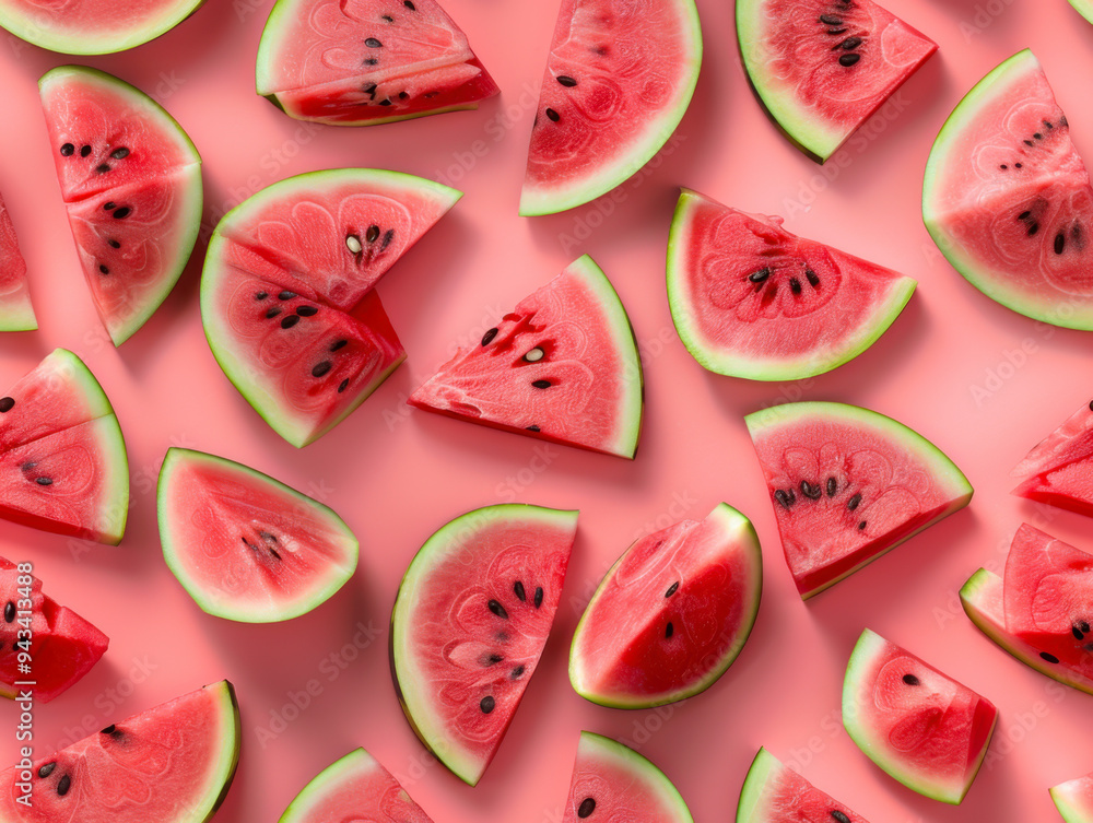 slices and whole, shot from above, making a fun pattern on a watermelon background slices and whole, shot from above, making a fun pattern on a watermelon background