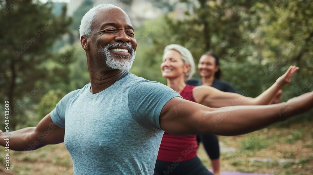 Black seniors doing yoga outdoors with friends, summer day, close-up portrait, happy outdoor fitness class. Black seniors doing yoga outdoors with friends, summer day, close-up portrait, happy outdoor fitness class.