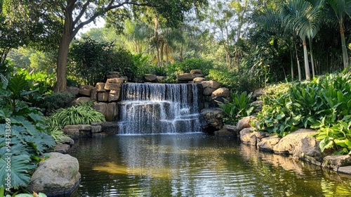 A peaceful park with a small waterfall cascading into a pond, surrounded by lush greenery