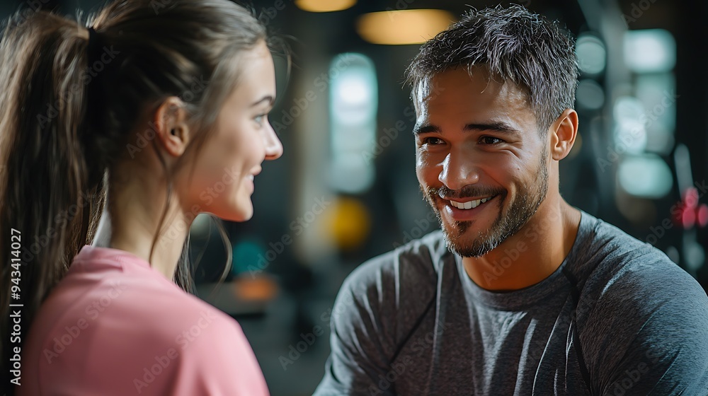 A happy couple chats after a workout at the gym, sharing a moment of camaraderie and mutual achievement. A happy couple chats after a workout at the gym, sharing a moment of camaraderie and mutual achievement.