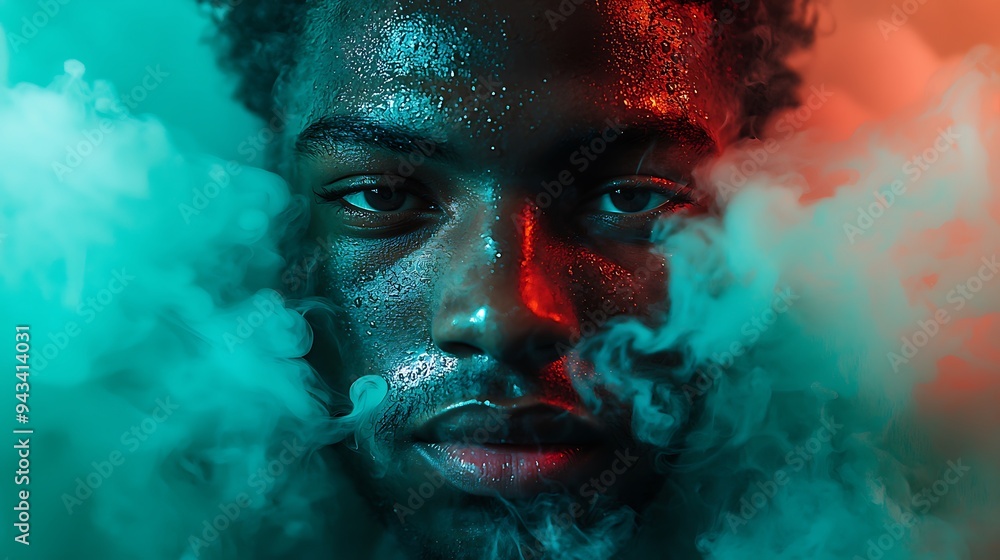 A man with a glowing face and neon smoke effect stands out, creating a striking and futuristic image. A man with a glowing face and neon smoke effect stands out, creating a striking and futuristic image.