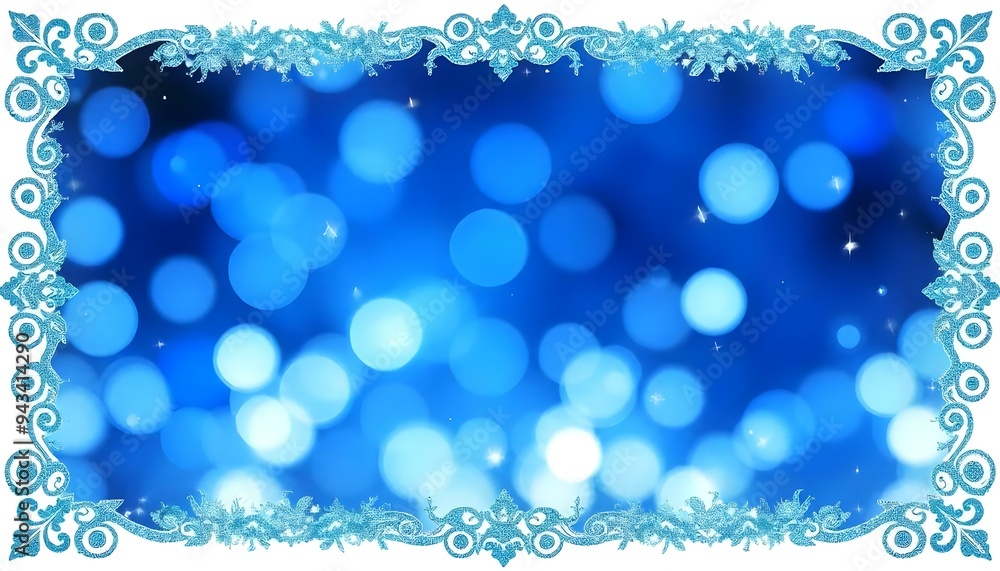 Blue bokeh lights with varying sizes interspersed with small white sparkles, encircled by a shimmering blue glitter border with room for product display, copy space or advertising Blue bokeh lights with varying sizes interspersed with small white sparkles, encircled by a shimmering blue glitter border with room for product display, copy space or advertising