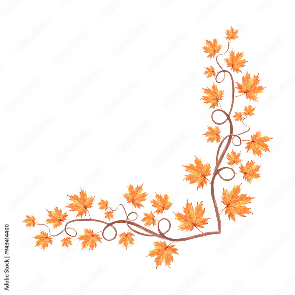 Autumn maple leaves on twigs. Fall frame corner for Harvest fest or Halloween. Hand drawn watercolor illustration isolated. Natural background template with copy space for postcard, Thanksgiving, sale Autumn maple leaves on twigs. Fall frame corner for Harvest fest or Halloween. Hand drawn watercolor illustration isolated. Natural background template with copy space for postcard, Thanksgiving, sale