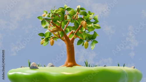 Cacao tree or cocoa tree  in the middle of nature bright sky background cartoon style.3d render and 3d illustration NO AI.