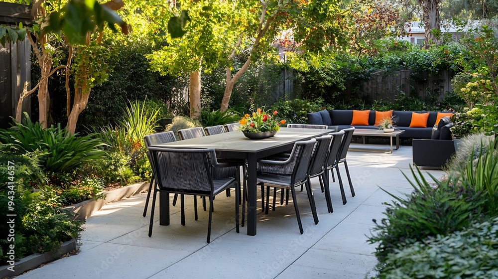 Outdoor Dining Area with Lush Greenery and a Modern Patio Set