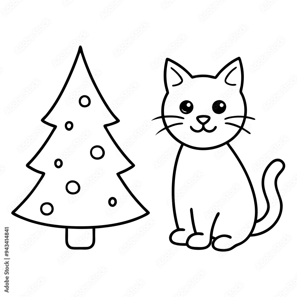 A cute Christmas cat and Christmas tree on white background A cute Christmas cat and Christmas tree on white background