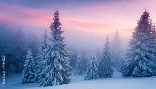 winter trees silhouetted in pink and blue fog dramatic snow covered woodland scene seasonal banner