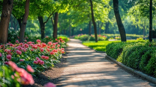 A serene park pathway lined with flowering bushes, leading to a quiet garden area -