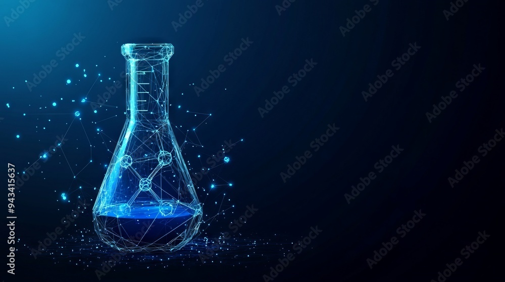 Abstract lab flask with blue liquid and chemistry molecule. Science and education concept. Polygonal laboratory glass test tube on dark background. Low poly wireframe vector illustration in technology Abstract lab flask with blue liquid and chemistry molecule. Science and education concept. Polygonal laboratory glass test tube on dark background. Low poly wireframe vector illustration in technology