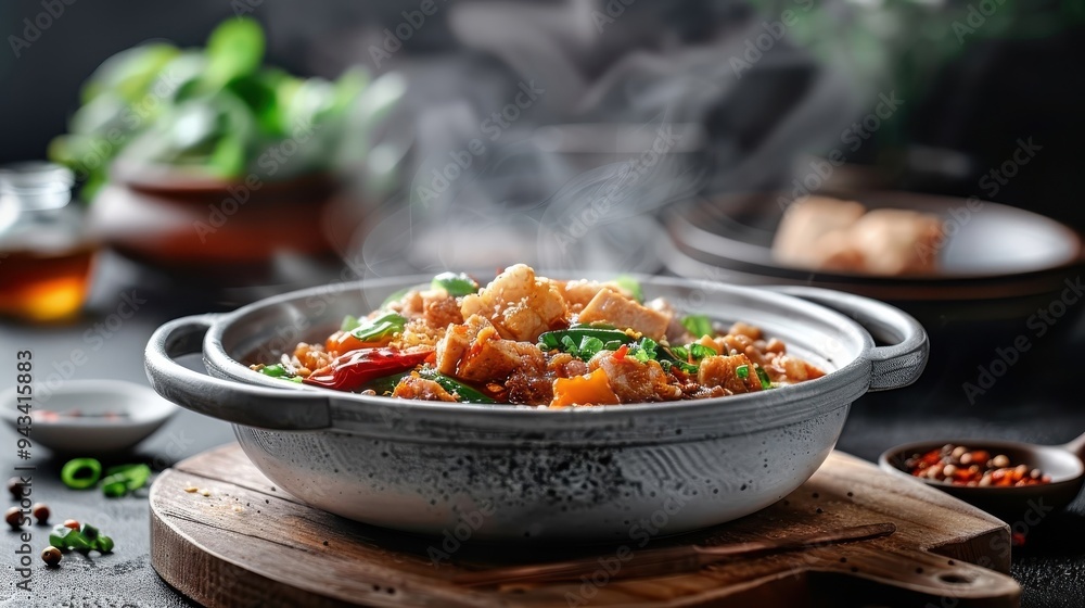 A sizzling hotpot filled with various ingredients and fiery mala broth. A sizzling hotpot filled with various ingredients and fiery mala broth.