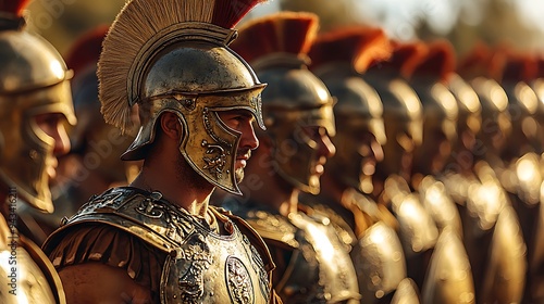 A Roman legionary soldier, clad in gold armor and helmet, stands as a powerful symbol of Rome's military prowess. photo