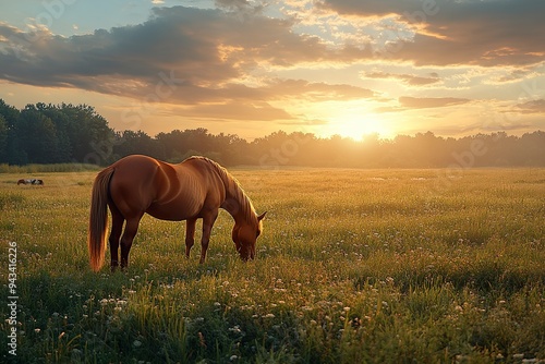 A lone horse grazing in a field, framed by the last light of day