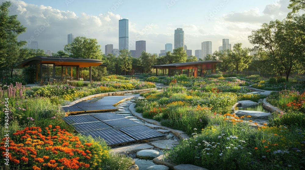 A solar farm integrated into an urban setting, surrounded by flower-filled gardens and modern buildings. A solar farm integrated into an urban setting, surrounded by flower-filled gardens and modern buildings.