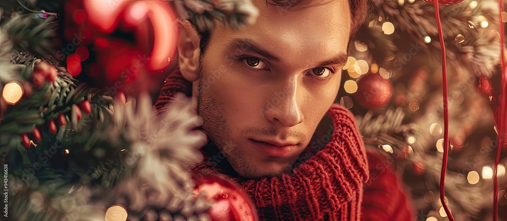 A young man in a red sweater with a Christmas candy among the tree decorations in a copy space image A young man in a red sweater with a Christmas candy among the tree decorations in a copy space image