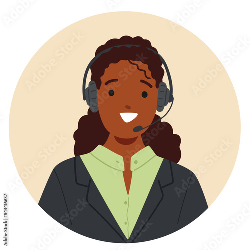 Cheerful Customer Service Representative Character Wearing Headset And Business Attire. Cartoon Vector Image