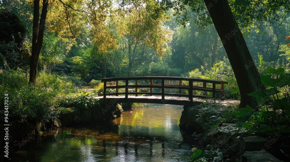 A tranquil park scene with a wooden footbridge over a stream, surrounded by dense foliage A tranquil park scene with a wooden footbridge over a stream, surrounded by dense foliage