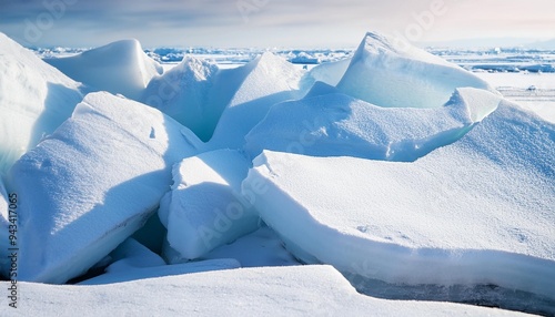 cracked ice hummocks covered with white snow broken ice fragments photo