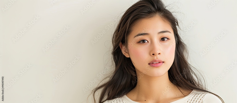 Asian young woman in a portrait appearing thoughtful and gazing in another direction isolated on a blank background with copy space image Asian young woman in a portrait appearing thoughtful and gazing in another direction isolated on a blank background with copy space image