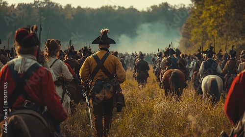 Cavalry soldiers march through a field, their formation a testament to discipline and unity in the heat of battle. photo