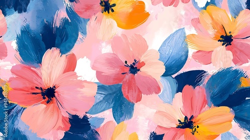 Fototapeta Naklejka Na Ścianę i Meble -  An abstract floral painting featuring pink, yellow, and blue colors captures the essence of blooming vibrancy.