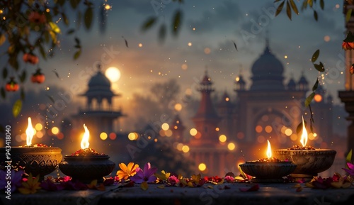 Diwali celebration Indian festival of lights Diya oil lamp and Rangoli decoration colorful flowers ,copy space, diwali background diwali poster, diwali banner