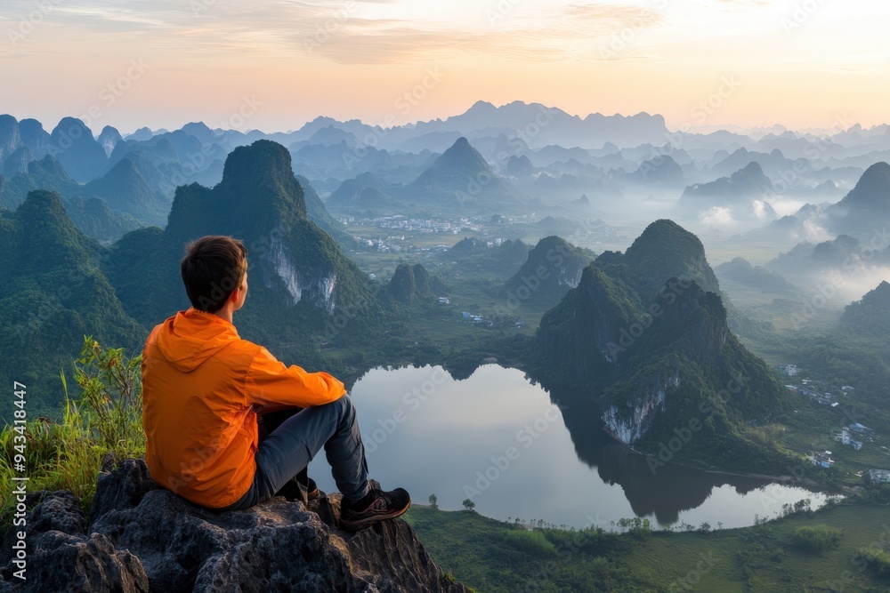 Fototapeta premium A person in an orange jacket sitting on a mountain peak, gazing over a breathtaking panoramic view of valleys, lakes, and distant mountains, embodying peace and reflection.