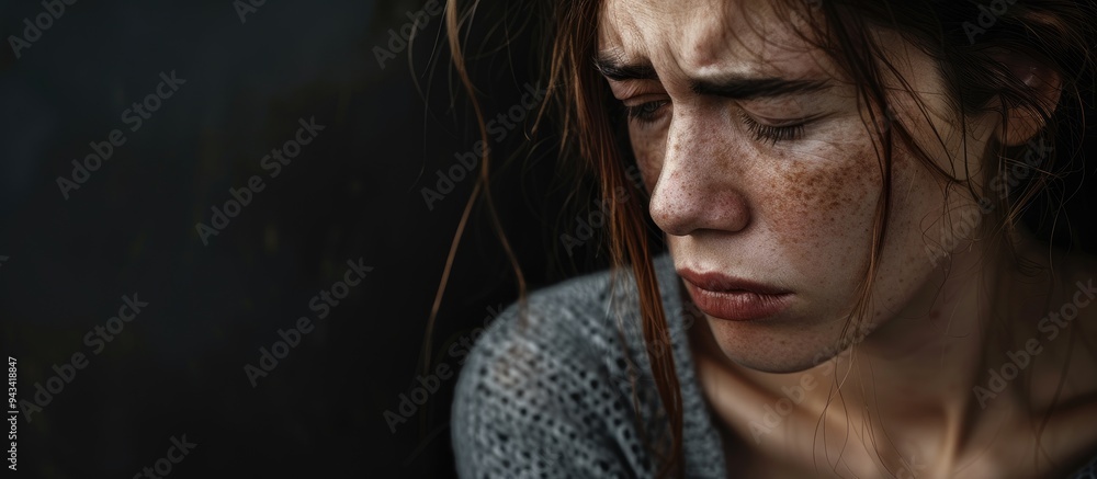 Fototapeta premium An image featuring a tired and anxious adult woman with a distressed expression with empty space for additional content