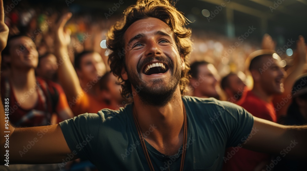 A cheerful fan of the national team with a cheering crowd in the background. A cheerful fan of the national team with a cheering crowd in the background.