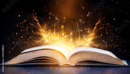 an open book emitting golden sparks and smoke