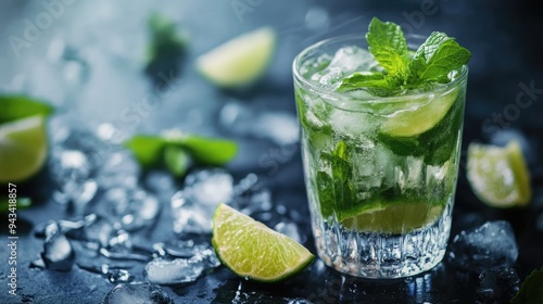 Wallpaper Mural Close-up of a classic mojito with lime wedges and mint leaves on a dark slate surface Torontodigital.ca