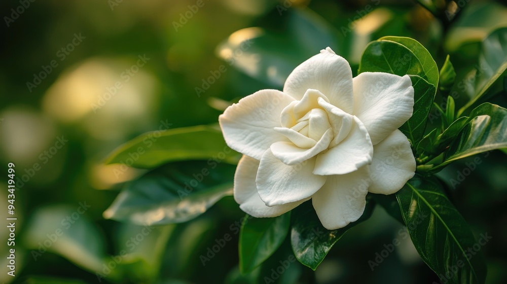 Close-up of a gardenia flower in bloom, with soft white petals and green leaves Close-up of a gardenia flower in bloom, with soft white petals and green leaves