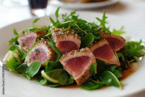 Closeup of Seared Tuna Steak with Greens.