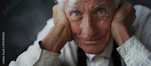 Copy space image of a friendly 60 year old man with white hair and blue eyes wearing a white shirt and black suspenders gazing at the camera while his face rests on his hands