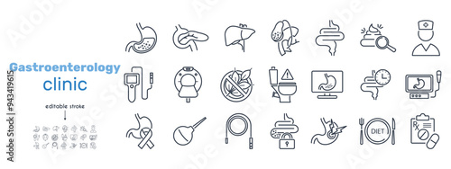 Set of line icons Gastroenterology Clinic. Liver, gallbladder, pancreas, gluten free diet, diarrhea, feces, ct, digestion, ultrasound, ulcer, duodenum, bile vector illustration. Editable Strokes