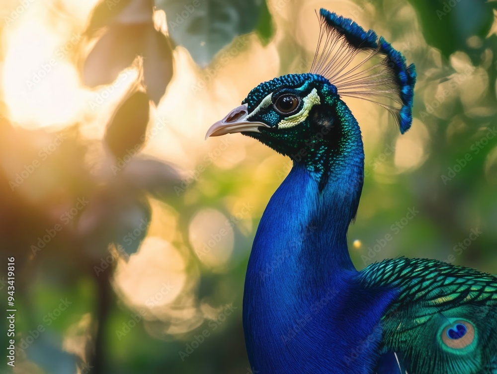 Vivid Peacock in a Sunlit Woodland Vivid Peacock in a Sunlit Woodland