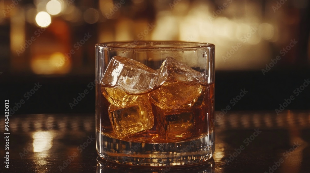 Close-up of a glass of scotch whiskey with ice cubes on a dark wooden bar Close-up of a glass of scotch whiskey with ice cubes on a dark wooden bar