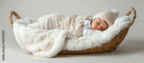 An infant girl snoozing in a Moses basket with a white sleeping sack and hat with a blank background for text or design copy space image