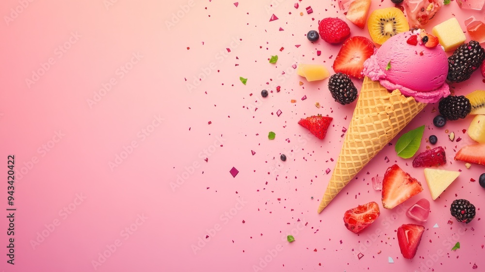 A pink ice cream cone with fresh fruits on a pink background. A pink ice cream cone with fresh fruits on a pink background.