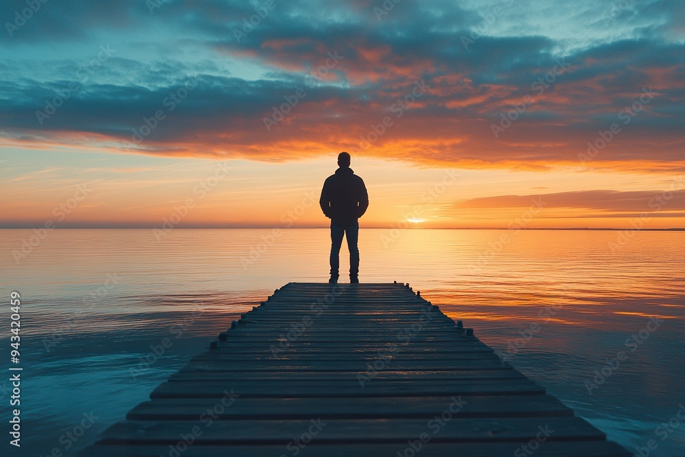 A person standing at the edge of a pier, looking out at the water at sunset A person standing at the edge of a pier, looking out at the water at sunset