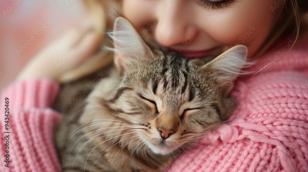 A woman in a cozy pink sweater is hugging a content tabby cat. The cat has its eyes closed, enjoying the warmth and affection. The background is softly blurred A woman in a cozy pink sweater is hugging a content tabby cat. The cat has its eyes closed, enjoying the warmth and affection. The background is softly blurred