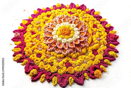 Floral rangoli design featuring concentric circles of marigold and pink flowers