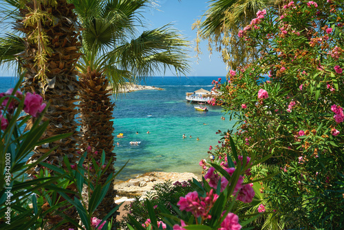 Fototapeta Naklejka Na Ścianę i Meble -  Blue lagoon in Kusadasi. View from the garden,
