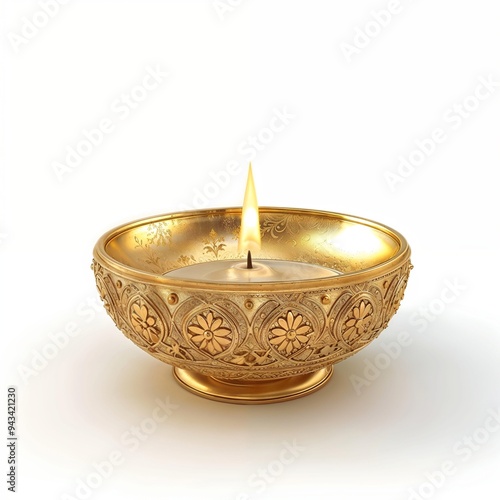 Golden diya, oil lamp with a flickering flame white background