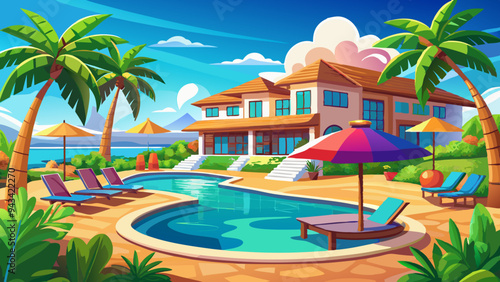 Outdoor tourism landscape. Luxurious beach resort with swimming pool and beach chairs or loungers under umbrellas with palm trees and blue sky. Summer 