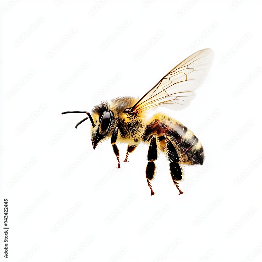 a stunning bee is flying, isolated on white background, macro, incredible pollinator a stunning bee is flying, isolated on white background, macro, incredible pollinator