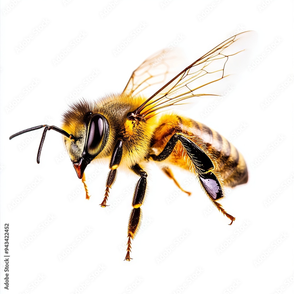a stunning bee is flying, isolated on white background, macro, incredible pollinator a stunning bee is flying, isolated on white background, macro, incredible pollinator